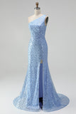 Vestido largo largo de graduación azul con cuentas y sirena adornada con perlas, con una hombro y abertura