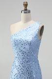 Vestido largo largo de graduación azul con cuentas y sirena adornada con perlas, con una hombro y abertura