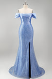 Vestido largo de graduación azul sirena con corsé perlado y perlas adornados
