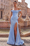 Vestido largo de graduación azul sirena con corsé perlado y perlas adornados