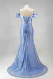 Vestido largo de graduación azul sirena con corsé perlado y perlas adornados