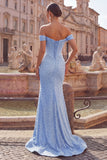 Vestido largo de graduación azul sirena con corsé perlado y perlas adornados