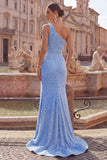 Vestido largo de baile azul de sirena de un solo hombro con cuentas y perlas arrugadas