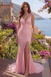 Vestido largo de graduación con tirantes finos de sirena rosa con cuentas y lentejuelas