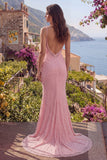 Vestido largo de graduación con tirantes finos de sirena rosa con cuentas y lentejuelas