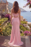 Vestido largo de graduación de dos piezas, tirantes de sirena rosa con cuentas y cortes largos de dos piezas,