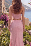 Vestido largo de graduación de dos piezas, tirantes de sirena rosa con cuentas y cortes largos de dos piezas,