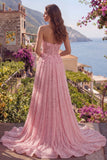 Vestido largo de graduación de fin de curso con lentejuelas rosa con cuentas y cuentas en línea A, corsé largo con flores en 3D