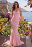 Vestido largo largo de graduación de sirena rosa con cuello en V y cuentas y lentejuelas