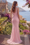 Vestido largo largo de graduación de sirena rosa con cuello en V y cuentas y lentejuelas