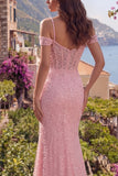 Vestido largo largo de graduación con cuentas y hombros de sirena rosa con lentejuelas