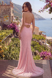 Vestido largo de graduación con cuello halter rosa brillante con lentejuelas sin lentejuelas