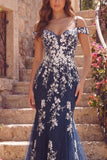Vestido largo largo de baile de tul de sirena de hombro frío con hombros fríos y apliquetes