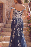 Vestido largo largo de baile de tul de sirena de hombro frío con hombros fríos y apliquetes