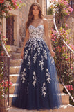 Vestido largo de baile de graduación azul marino A-Line Sweetheart floral de tul