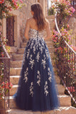 Vestido largo de baile de graduación azul marino A-Line Sweetheart floral de tul