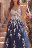 Vestido largo de baile de graduación azul marino A-Line Sweetheart floral de tul