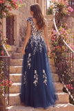 Vestido largo largo de graduación floral de tul azul marino en línea en V con abertura