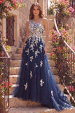 Corsé de tul de línea A de un hombro, vestido largo floral azul marino con apliques