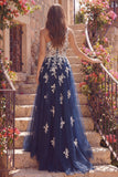 Corsé de tul de línea A de un hombro, vestido largo floral azul marino con apliques
