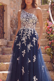 Corsé de tul de línea A de un hombro, vestido largo floral azul marino con apliques