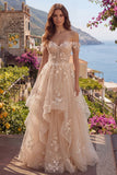 Corsé floral de hombros con estilo Champagne y largo vestido de graduación con volantes