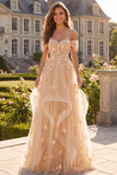 Corsé floral de hombros con estilo Champagne y largo vestido de graduación con volantes