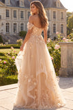 Corsé floral de hombros con estilo Champagne y largo vestido de graduación con volantes
