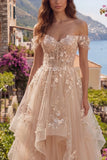 Corsé floral de hombros con estilo Champagne y largo vestido de graduación con volantes