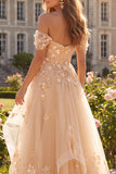 Corsé floral de hombros con estilo Champagne y largo vestido de graduación con volantes