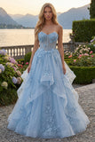 Corsé azul A-Line Sweetheart con vestido largo de graduación con pliquados y abalorios