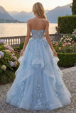 Corsé azul A-Line Sweetheart con vestido largo de graduación con pliquados y abalorios