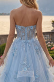 Corsé azul A-Line Sweetheart con vestido largo de graduación con pliquados y abalorios