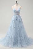 Vestido largo de graduación largo de fin, corsé transparente con contas y tirantes en línea A azul fina