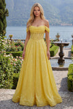 Corsé amarillo con hombros descubiertos y lentejuelas, vestido largo de graduación amarillo en línea A brillante