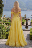 Corsé amarillo con hombros descubiertos y lentejuelas, vestido largo de graduación amarillo en línea A brillante