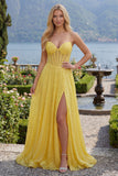 Corsé amarillo brillante de corte en forma de A, lentejuelas, vestido largo de graduación con abertura
