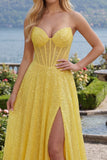 Corsé amarillo brillante de corte en forma de A, lentejuelas, vestido largo de graduación con abertura