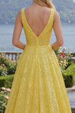 Corsé amarillo brillante, escote en V, lentejuelas, vestido largo de graduación con bolsillos