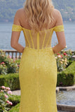 Corsé sirena amarillo brillante, lentejuelas, vestido largo de graduación con abertura