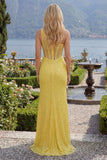 Sirena amarillo brillante Corsé de un hombro Lentejuelas Vestido largo de graduación con abertura