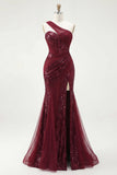 Vestido largo de baile de fin de curso brillante de un solo hombro con lentejuelas de sirena burdeos