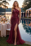 Vestido largo de baile de fin de curso brillante de un solo hombro con lentejuelas de sirena burdeos