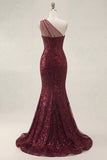 Vestido de baile de graduación de sirena de lentejuelas burdeos brillante con un hombro largo y abertura