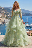 Corsé verde A-Line con escote en V y vestido largo de graduación con volantes