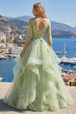 Corsé verde A-Line con escote en V y vestido largo de graduación con volantes