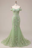 Corsé verde sirena con corsé al hombro descubierto, vestido largo de graduación