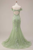 Corsé verde sirena con corsé al hombro descubierto, vestido largo de graduación