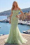 Corsé verde sirena con corsé al hombro descubierto, vestido largo de graduación