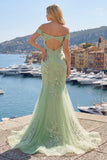 Corsé verde sirena con corsé al hombro descubierto, vestido largo de graduación